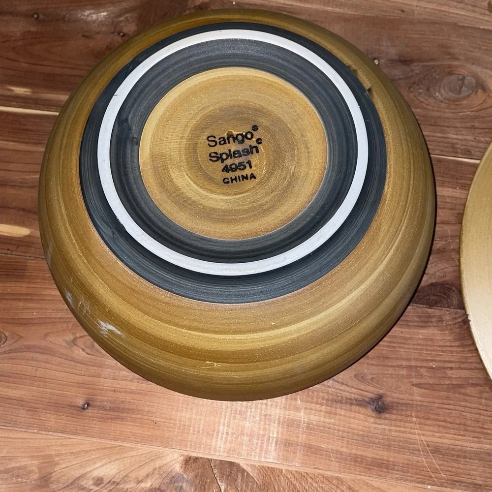 SET OF 2 SANGO SPLASH 4951 BROWN TAN DRIP GLAZED STONEWARE Plate & Bowl